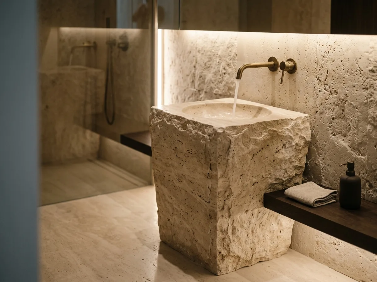 Masif Traverten Blok Lavabo
